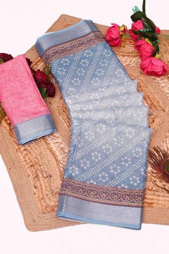 sky blue pink shimmer handloom cotton blend saree with floral print