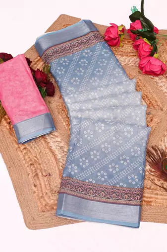 sky blue pink shimmer handloom cotton blend saree with floral print