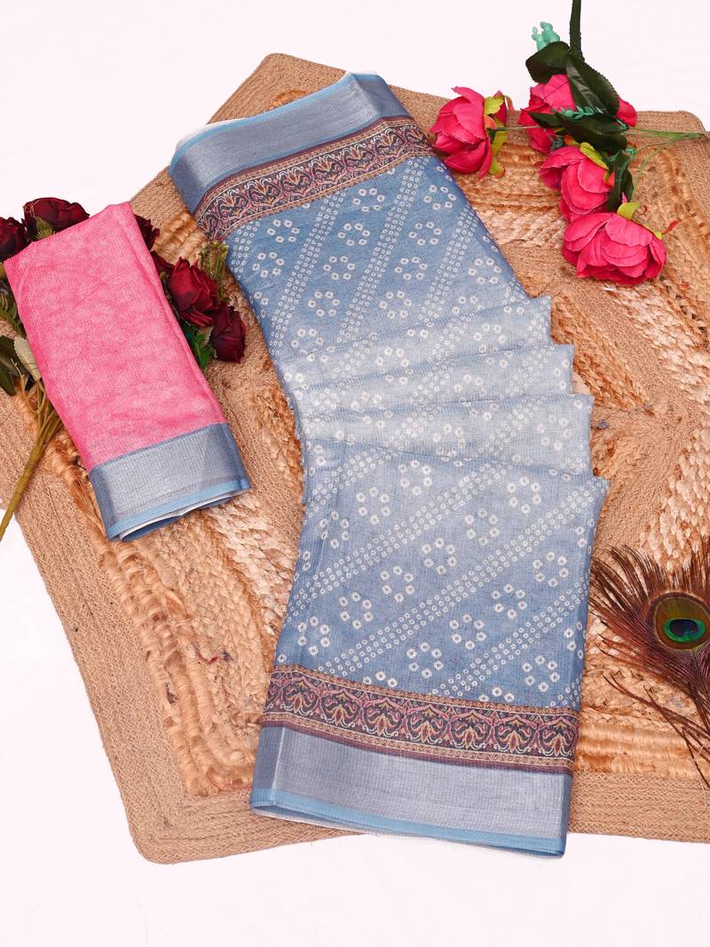 Women's sky blue pink tissue shimmer handloom cotton saree with floral print (t-sfhcs327)