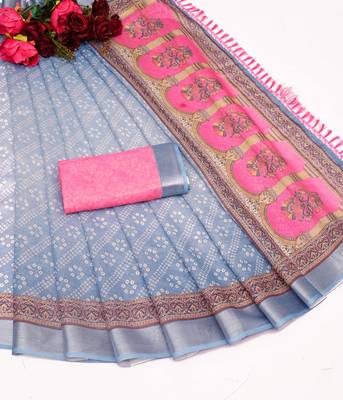 sky blue pink shimmer handloom cotton blend saree with floral print (t sfhcs327) 2