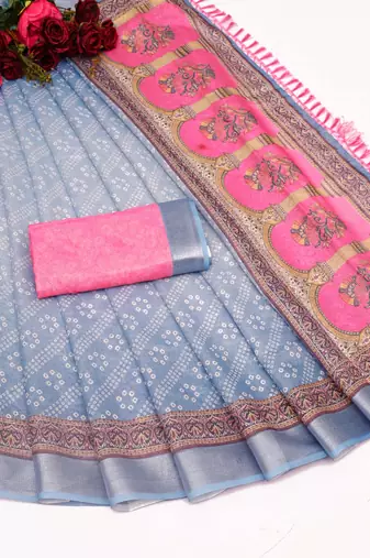 sky blue pink shimmer handloom cotton blend saree with floral print