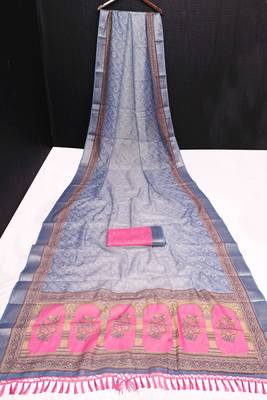 sky blue pink shimmer handloom cotton blend saree with floral print (t sfhcs327) 3