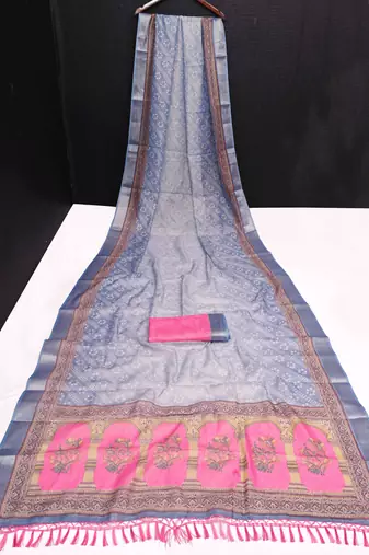 sky blue pink shimmer handloom cotton blend saree with floral print