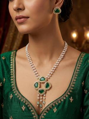 gold plated green stone pearl necklace set 6