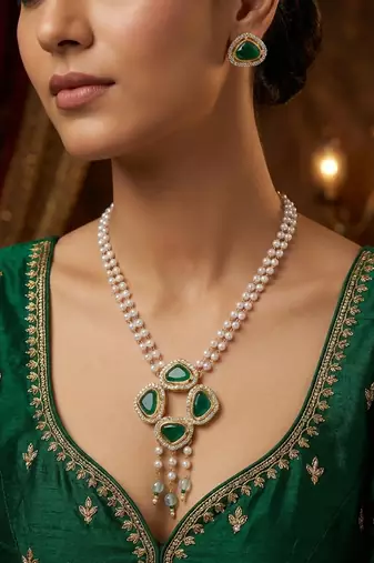 gold plated green stone pearl necklace set