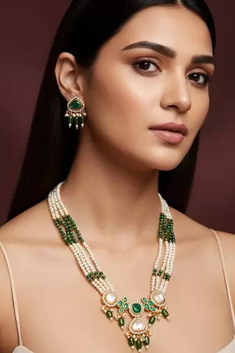 gold plated long pearl necklace set