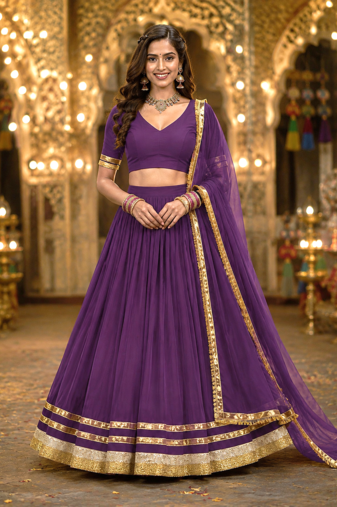 Wine Georgette Lehenga Choli with Dupatta | Navratri Garba & Dandiya Outfit | Golden Lace Ethnic Festive Wear