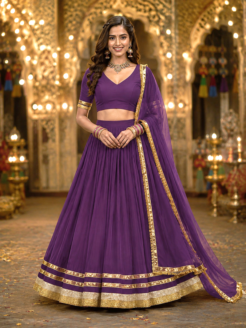 Wine Georgette Lehenga Choli with Dupatta | Navratri Garba & Dandiya Outfit | Golden Lace Ethnic Festive Wear