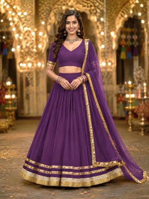 Wine Georgette Lehenga Choli with Dupatta | Navratri Garba & Dandiya Outfit | Golden Lace Ethnic Festive Wear 1