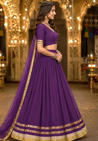 Wine Georgette Lehenga Choli with Dupatta | Navratri Garba & Dandiya Outfit | Golden Lace Ethnic Festive Wear