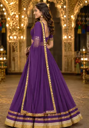 Wine Georgette Lehenga Choli with Dupatta | Navratri Garba & Dandiya Outfit | Golden Lace Ethnic Festive Wear