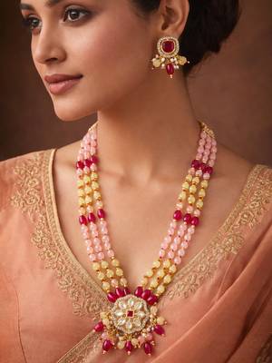 pink yellow kundan necklace set 6