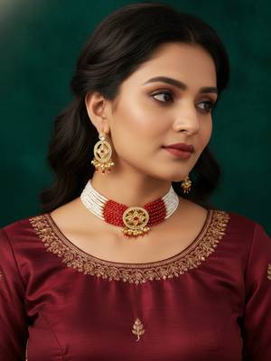 red white kundan choker set 6