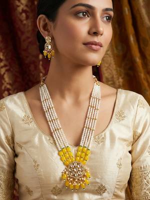yellow beaded kundan necklace set 6