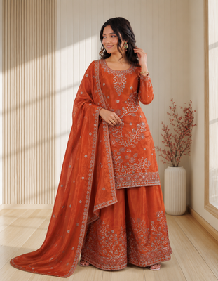 Rust orange fendy silk sequence embriordered sharara suit 1