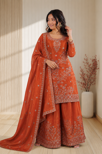 Rust orange fendy silk sequence embriordered sharara suit