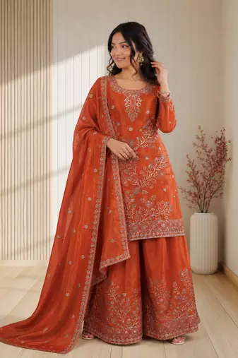 Rust orange fendy silk sequence embriordered sharara suit