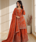 Rust orange fendy silk sequence embriordered sharara suit