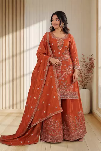 Rust orange fendy silk sequence embriordered sharara suit