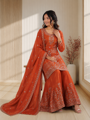Rust orange fendy silk sequence embriordered sharara suit 3