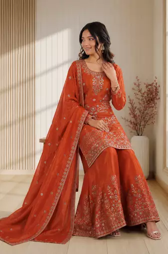 Rust orange fendy silk sequence embriordered sharara suit