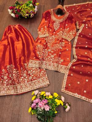 Rust orange fendy silk sequence embriordered sharara suit 4