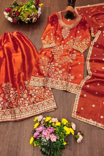 Rust orange fendy silk sequence embriordered sharara suit