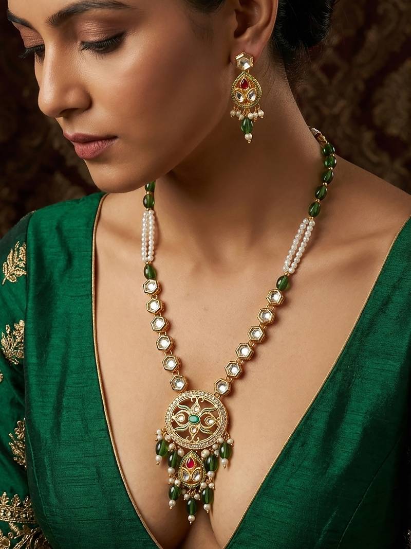 green meenakari long necklace set