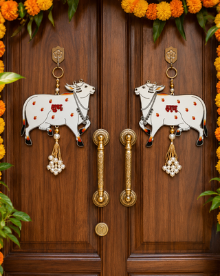 handmade cow shubh labh decorative hanging with pearl tassels traditional wall home hanging decor (pack of 2) 1