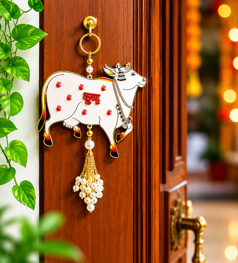 handmade cow shubh labh decorative hanging with pearl tassels traditional wall home hanging decor (pack of 2)