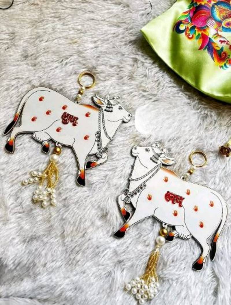 handmade cow shubh labh decorative hanging with pearl tassels traditional wall home hanging decor (pack of 2)