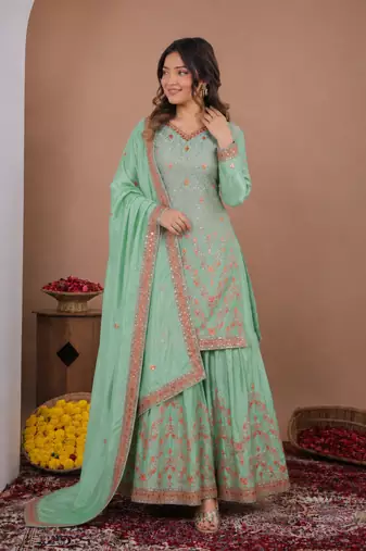 Sea green chinon silk sequence embriordered sharara suit