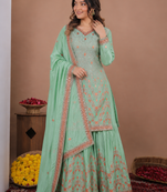 Sea green chinon silk sequence embriordered sharara suit