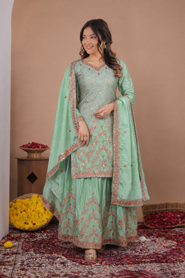 Sea green chinon silk sequence embriordered sharara suit 2