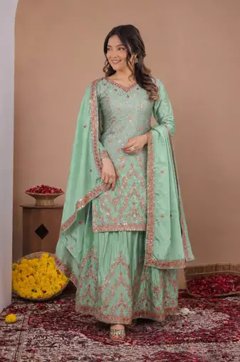 Sea green chinon silk sequence embriordered sharara suit