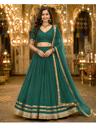 Womens Green Georgette Lehenga Choli with Dupatta Navratri Garba and Dandiya Outfit Golden Lace Ethnic Festive Wear 1