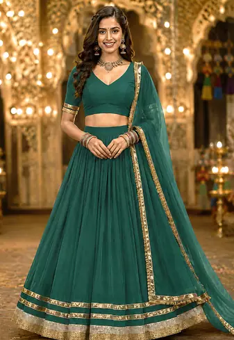 Womens Green Georgette Lehenga Choli with Dupatta Navratri Garba and Dandiya Outfit Golden Lace Ethnic Festive Wear