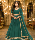 Womens Green Georgette Lehenga Choli with Dupatta Navratri Garba and Dandiya Outfit Golden Lace Ethnic Festive Wear