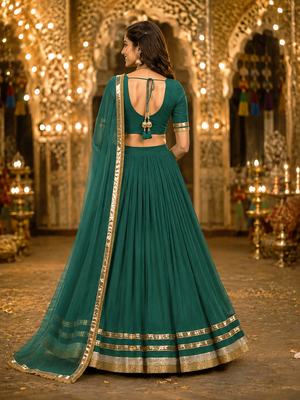 Womens Green Georgette Lehenga Choli with Dupatta Navratri Garba and Dandiya Outfit Golden Lace Ethnic Festive Wear 2