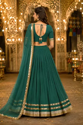Womens Green Georgette Lehenga Choli with Dupatta Navratri Garba and Dandiya Outfit Golden Lace Ethnic Festive Wear
