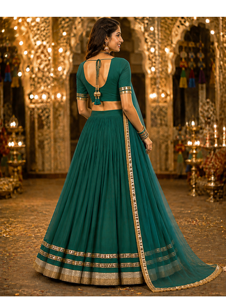 Womens Green Georgette Lehenga Choli with Dupatta Navratri Garba and Dandiya Outfit Golden Lace Ethnic Festive Wear 3