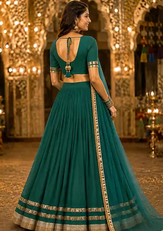 Womens Green Georgette Lehenga Choli with Dupatta Navratri Garba and Dandiya Outfit Golden Lace Ethnic Festive Wear