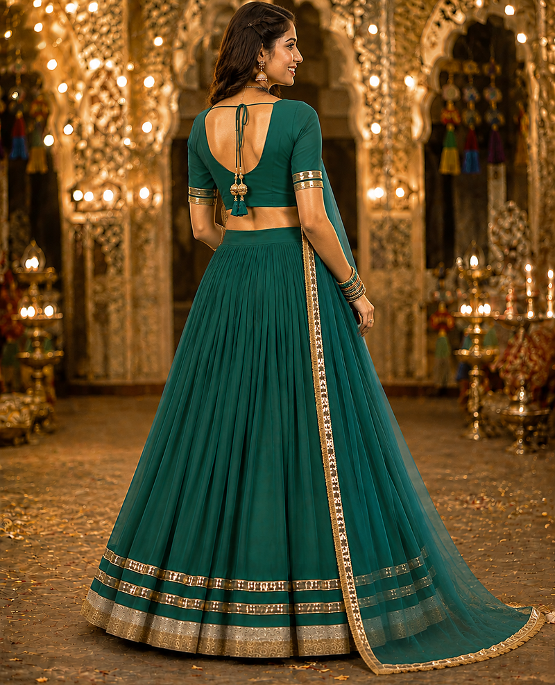 Womens Green Georgette Lehenga Choli with Dupatta Navratri Garba and Dandiya Outfit Golden Lace Ethnic Festive Wear