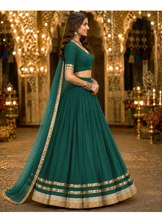 Womens Green Georgette Lehenga Choli with Dupatta Navratri Garba and Dandiya Outfit Golden Lace Ethnic Festive Wear 4