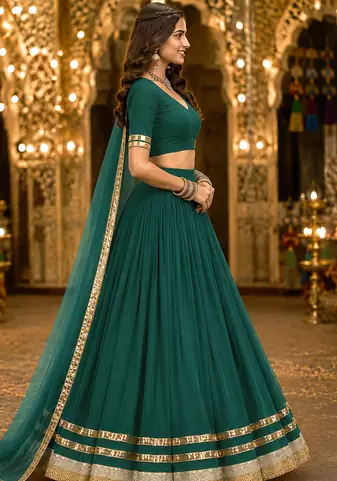 Womens Green Georgette Lehenga Choli with Dupatta Navratri Garba and Dandiya Outfit Golden Lace Ethnic Festive Wear