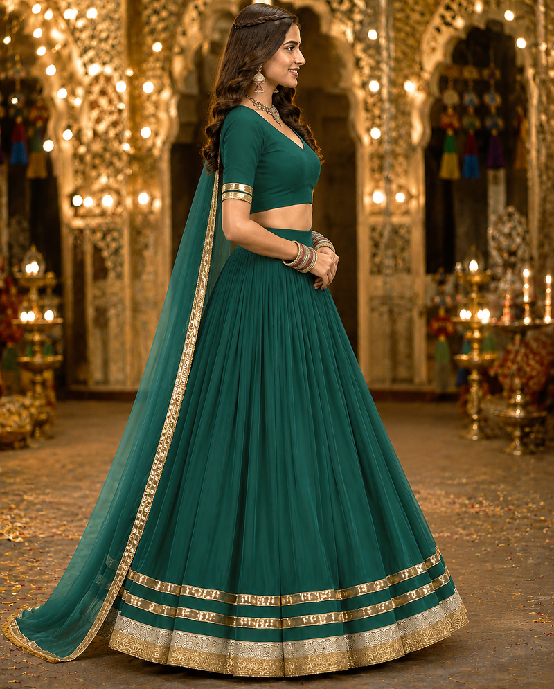 Womens Green Georgette Lehenga Choli with Dupatta Navratri Garba and Dandiya Outfit Golden Lace Ethnic Festive Wear