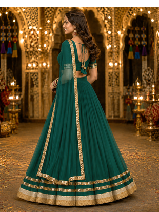 Womens Green Georgette Lehenga Choli with Dupatta Navratri Garba and Dandiya Outfit Golden Lace Ethnic Festive Wear 5
