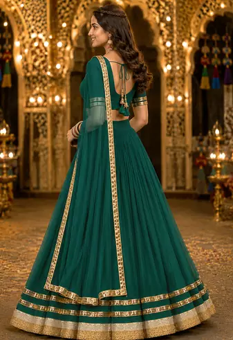 Womens Green Georgette Lehenga Choli with Dupatta Navratri Garba and Dandiya Outfit Golden Lace Ethnic Festive Wear