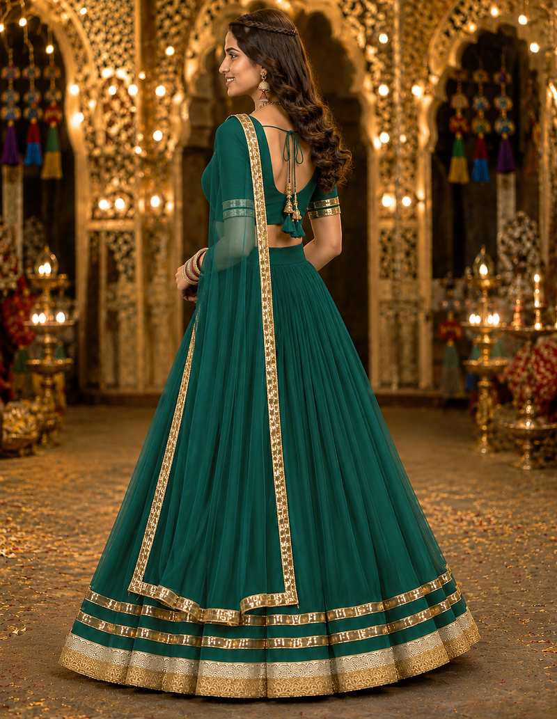 Womens Green Georgette Lehenga Choli with Dupatta Navratri Garba and Dandiya Outfit Golden Lace Ethnic Festive Wear