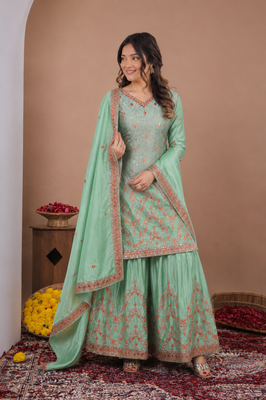 Sea green chinon silk sequence embriordered sharara suit 3